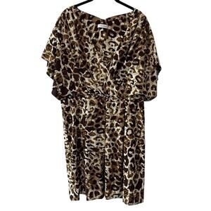 Calvin Klein Faux Wrap Leopard Print Short Split Sleeve Mini Brown Multi Size 14